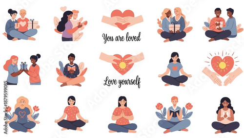 A collection of colorful vector illustrations depicting people meditating, showing love and affection, with hearts and positive affirmations on a white background, conveying a sense of
