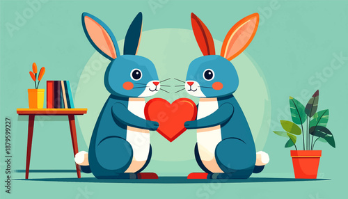 Two blue cartoon rabbits share a red heart, with books and plants nearby