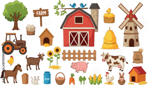 Flat farm life vector collection featuring red barn windmill tractor domestic animals cow pig horse and agricultural symbols.