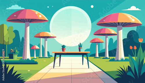 Whimsical landscape with giant mushrooms, potted plants, and a table under a pale, large circle