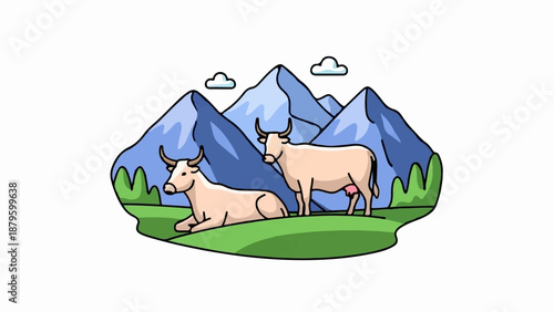 Two cows graze peacefully in a lush green meadow beneath majestic blue mountains