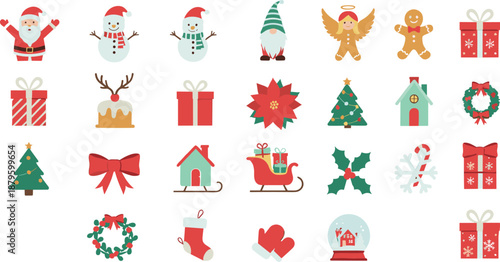 Christmas vector icon set with outlined Santa Claus snowman gnome angel gingerbread man gifts and winter holiday symbols.