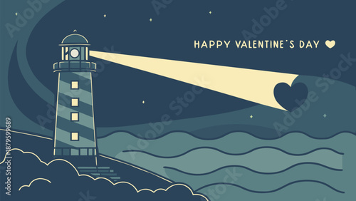 Romantic lighthouse beacon shining heart shaped light Valentine's Day