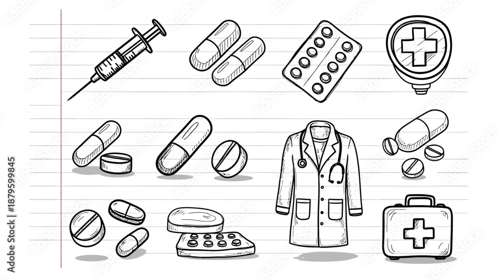 Fototapeta premium Doodle Medical Line Icons – Black Ink Sketches on Notebook Background, Healthcare Theme