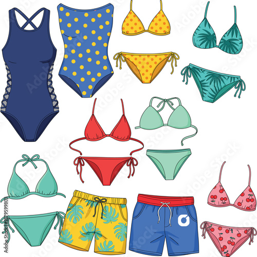 Women swimwear illustration set with bikinis one piece swimsuits and summer beach fashion designs