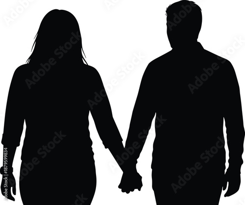 Silhouette of two people holding hands, black and white graphic, companionship and unity theme, transparent background illustration
