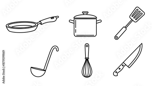 Minimal Monochrome Cooking Utensil Line Icons – Clean Vector Set, Simple Linear Design