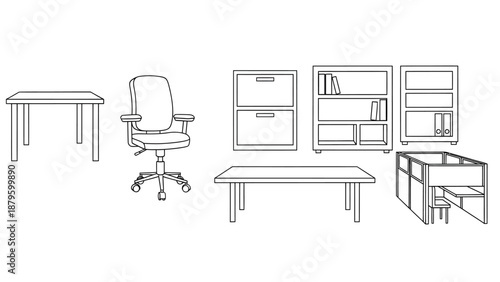 Office Furniture Outline Icon Set – Desk, Chair, Filing Cabinet, Bookshelf, Conference Table, Cubicle