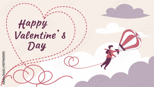 Woman flying with heart shaped parachute on Valentine's Day