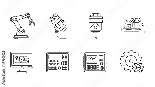 Industrial Automation Outline Icon Set – Robotic Arm, Sensor, Circuit, Monitor, Control Panel, Gear