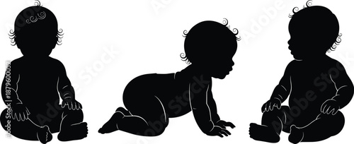 Silhouettes of babies in sitting and crawling poses, black and white graphic, child development theme, transparent background illustration