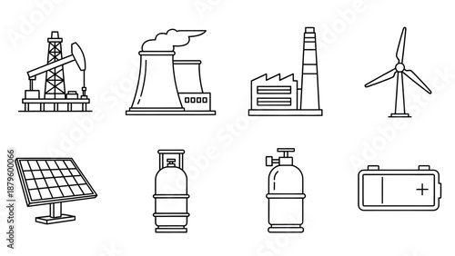 Minimal Monochrome Industrial Energy Line Icons – Clean Vector Set Isolated on White