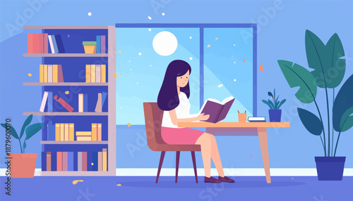 Woman reading a book at a desk by a window with bookshelves