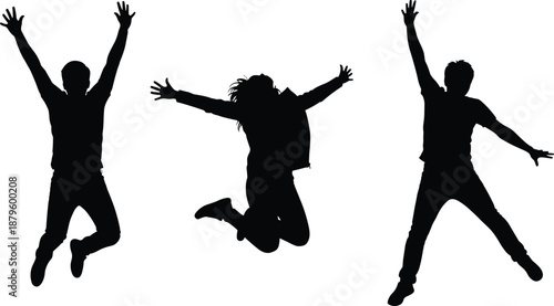 Silhouettes of people jumping with raised arms, black and white graphic, celebration and freedom theme, transparent background illustration