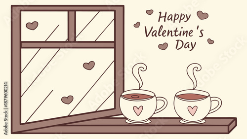 Cozy Valentine's Day morning with steaming coffee cups on windowsill