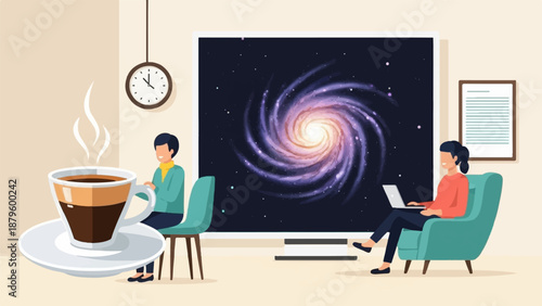 Two people relax at home, one with coffee and a clock, the other with a laptop