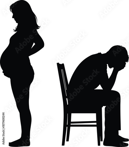 Silhouettes of pregnant person and seated figure in contemplative pose, black and white graphic, emotional and relationship theme, transparent background illustration