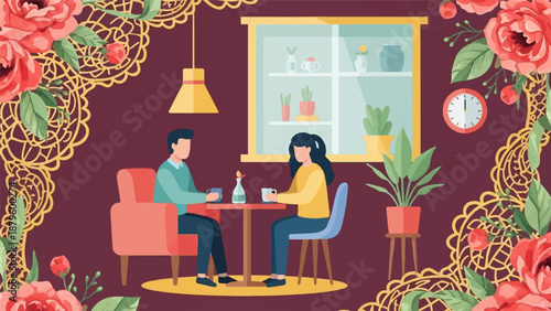 Two people sitting at a table in a cozy cafe, surrounded by floral decorations and plants