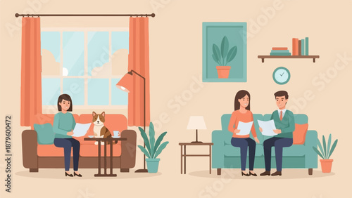 Two cozy home scenes a woman and dog relax, while a couple reviews documents