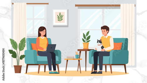 Two people relax at home with a laptop and a cat near windows and plants