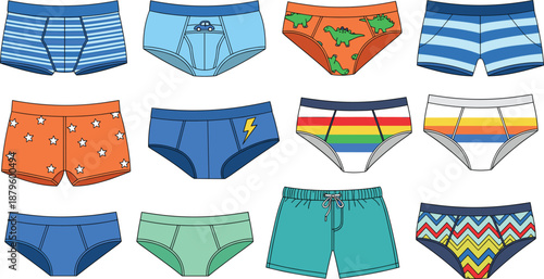 Colorful kids underwear and swim briefs illustration set with playful patterns and summer clothing designs
