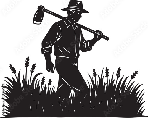 Farmer with hoe in field of wheat illustration black