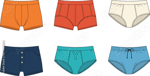 Men underwear illustration set with boxer briefs and classic briefs in different colors and styles