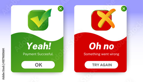 Payment success and failed message pop up UI design. payment status notification banner. editable vector