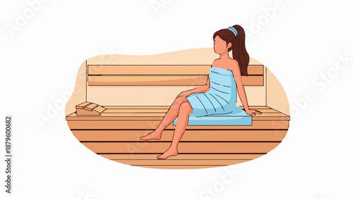 Woman relaxing in a steam room on a wooden bench, wrapped in a towel