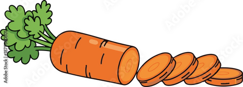 Vibrant cartoon carrot sliced into healthy, nutritious rounds with green tops