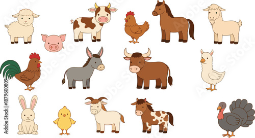 Cute farm animals cartoon illustration set with cow sheep horse chicken goat and turkey characters