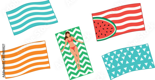 Summer beach towel illustration set with colorful patterns watermelon design and sunbathing woman