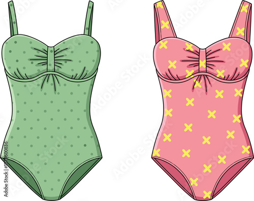 Cute patterned women swimsuit illustration set with polka dot and floral summer beachwear designs