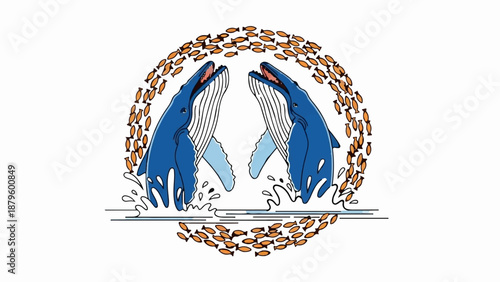 Two blue whales breaching from water, surrounded by schools of orange fish in a circular formation