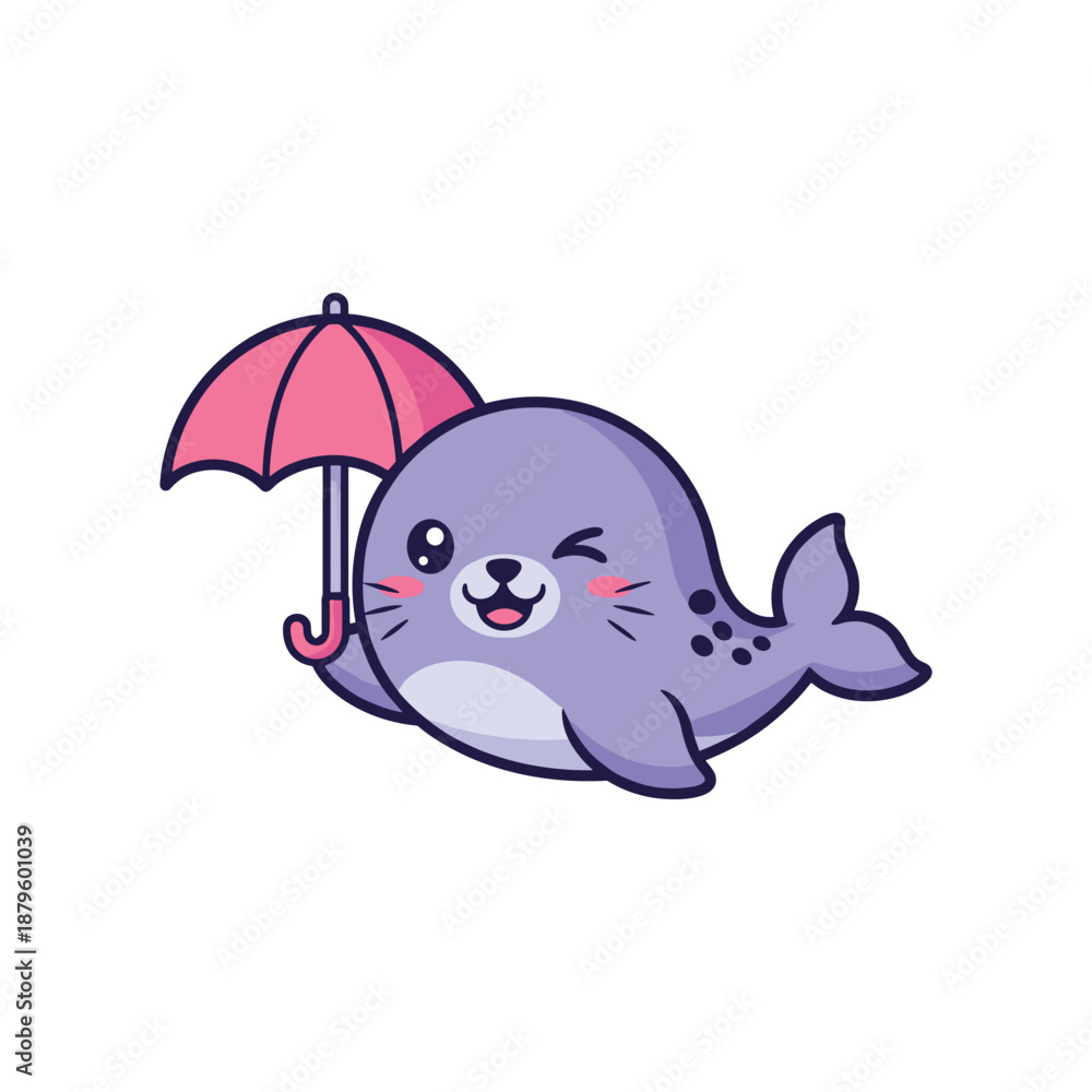 Obraz premium Adorable Seal with Pink Umbrella Vector Illustration