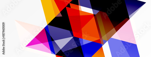 Abstract geometric shapes overlap, creating vibrant colorful composition. Bold lines, angles define dynamic visual experience.