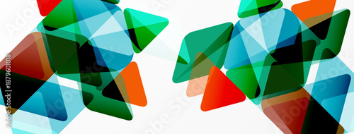 Abstract geometric shapes overlap, creating vibrant color blends. Triangles dominate composition, suggesting movement, energy.