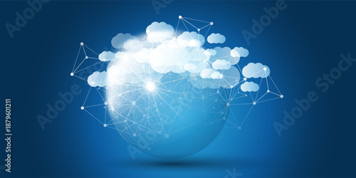 Dark Blue and White Cloud Computing Design Concept with Transparent Globe and Many Floating Clouds  - Digital 3D Polygonal Network Connections, Technology Background, Minimalist Vector Design Template