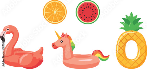 Summer pool float illustration set with flamingo unicorn tropical fruits and inflatable swim rings