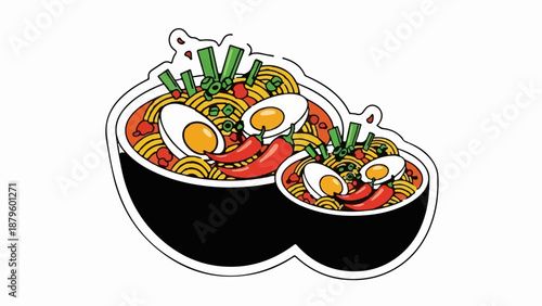 Two bowls of steaming hot soup, filled with noodles, eggs, chili, and green onions