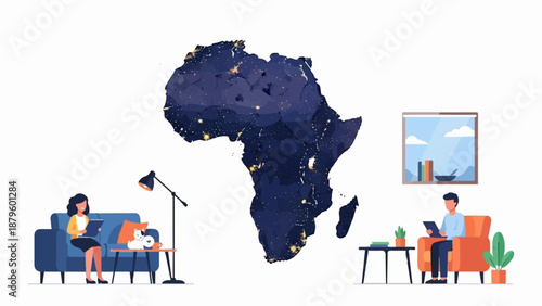 Two people relax at home with a map of Africa depicted as a starry night sky in the background