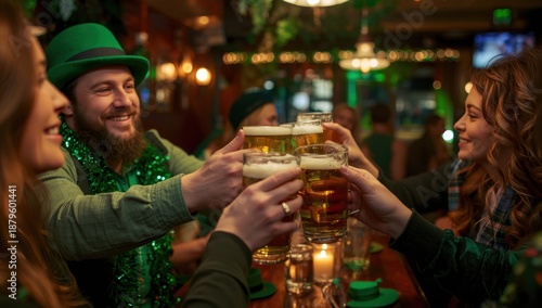 Friends Toasting Beers in Green Hats at St. Patrick's Day Bar Celebration