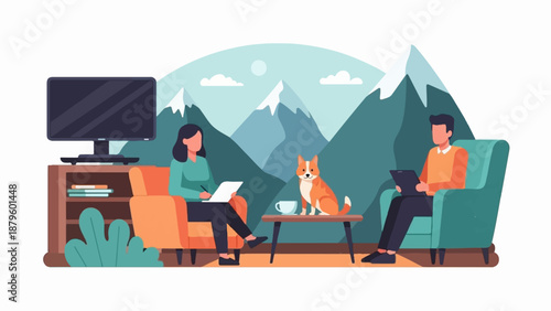 Two people and a dog in a cozy room with mountain backdrop
