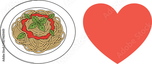 Spaghetti pasta plate with heart symbol illustration representing love for Italian food and romantic cuisine