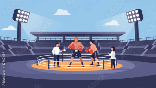 Two boxers face off in a brightly lit stadium ring, preparing for a match
