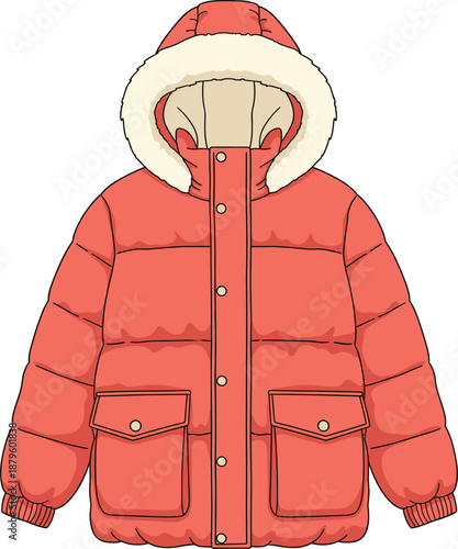 Warm winter puffer jacket illustration with hood representing cold weather outerwear fashion design