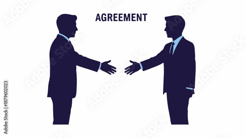 Two dark blue silhouettes of men in suits shake hands, with "AGREEMENT" text above