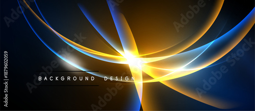 Abstract design features flowing lines, vibrant colors. Golden light radiates from center, contrasting dark background. Modern, dynamic composition.