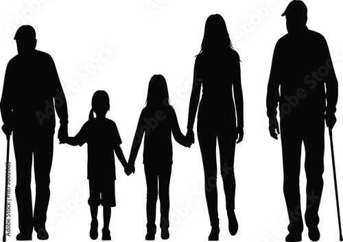 Black Silhouettes of a Multi-Generational Family with Grandparents and Children Walking and Holding Hands Isolated on White Background for Family Care and Aging