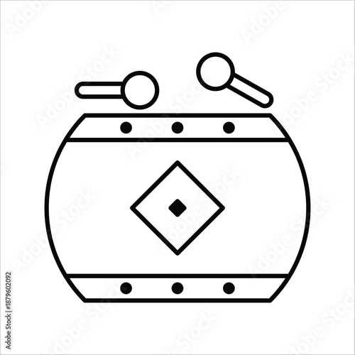 Traditional Percussion Instrument Outline Icon with Drumsticks - Classic Musical Drum in Simple Line Art for Rhythm and Cultural Themes, Black and White Graphic Design Element